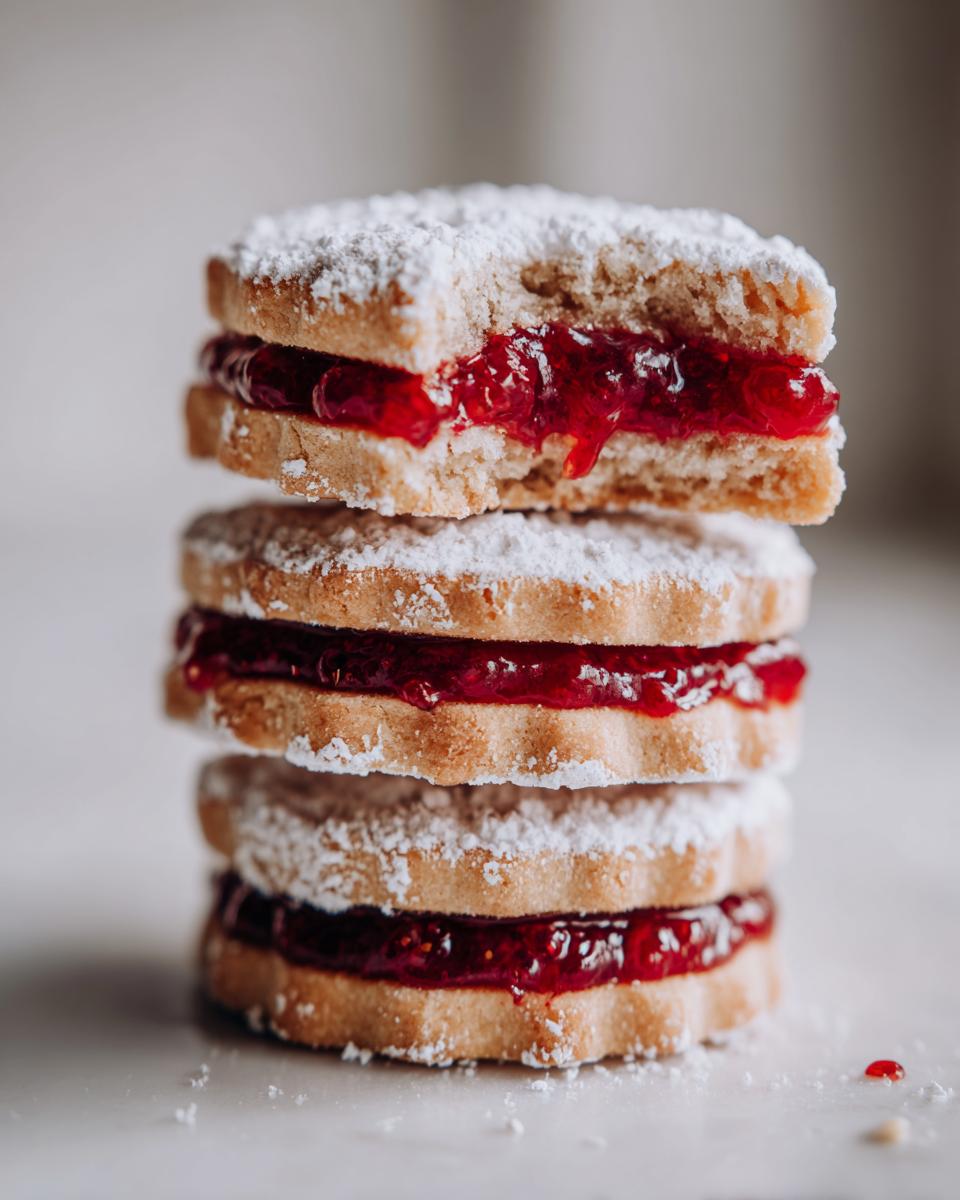 A stack of three delicious linzer cookies filled with bright red jam, dusted heavily with powdered sugar.