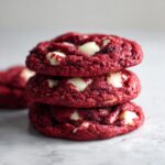 A vertical stack of three vibrant red velvet cookies studded with white chocolate chips, resting on a light marble surface.