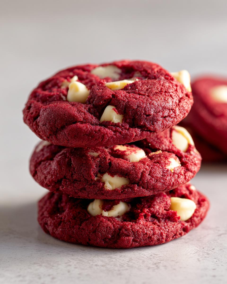 Close-up of three stacked, vibrant red velvet cookies loaded with white chocolate chips.