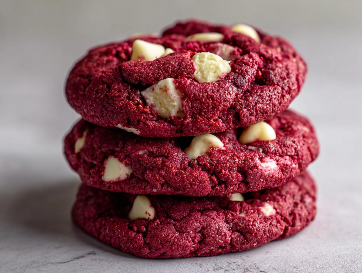 A close-up stack of three vibrant red velvet cookies studded with white chocolate chips.