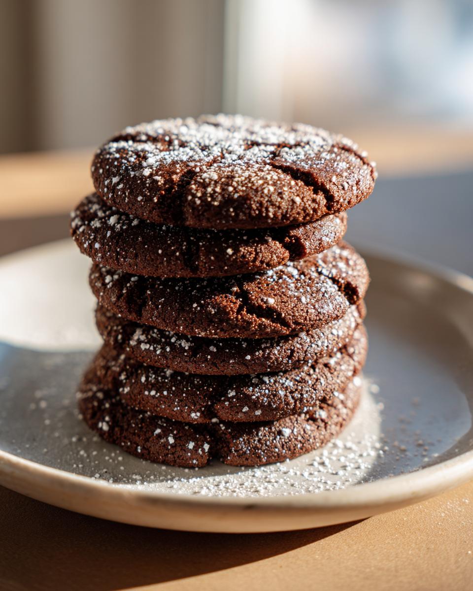 A vertical stack of five dark brown soft gingerbread cookies, dusted generously with powdered sugar.