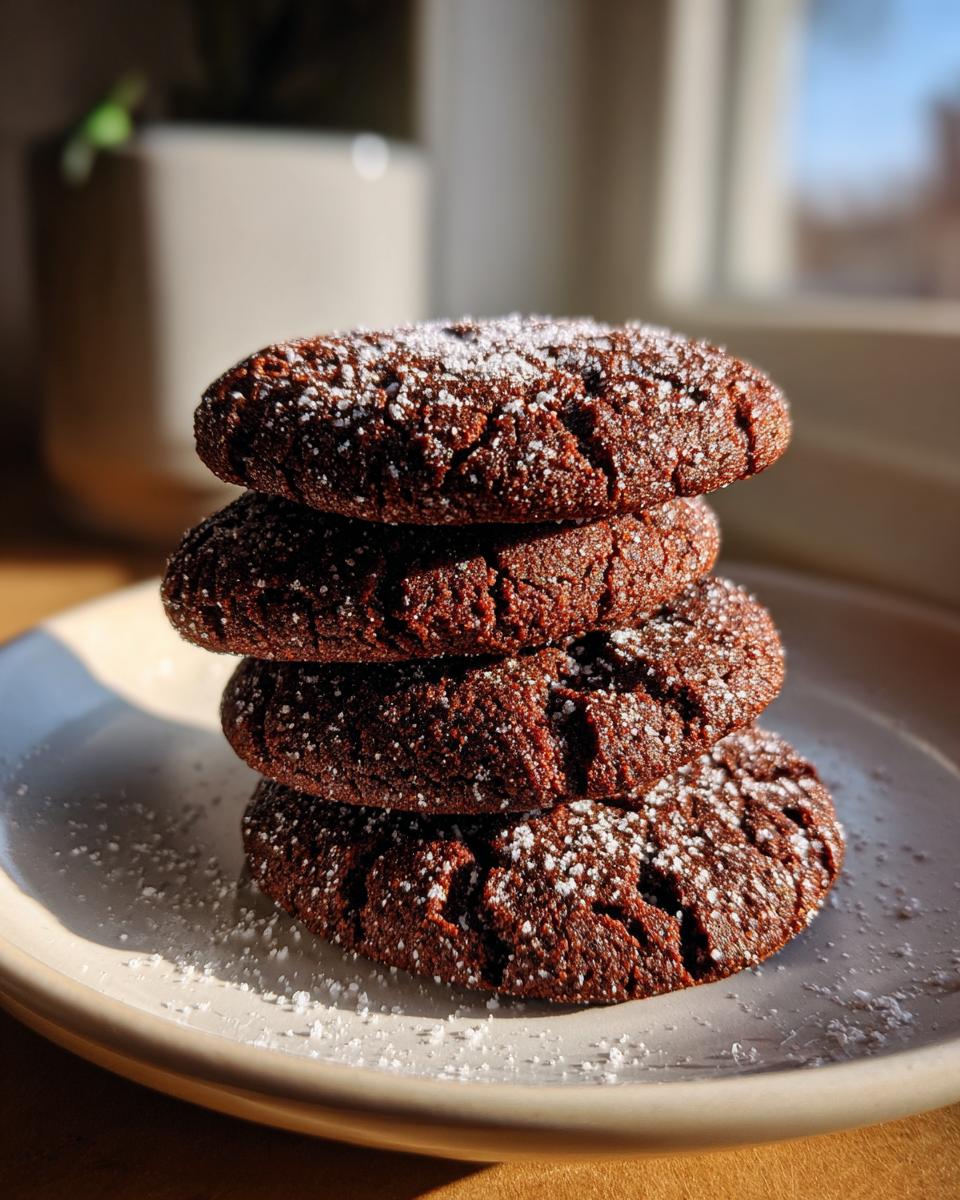 A stack of four rich, dark brown soft gingerbread cookies dusted with powdered sugar on a light plate.
