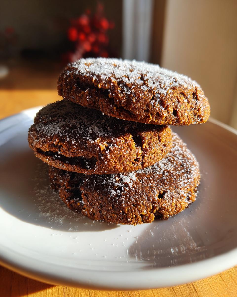 Three thick, dark brown soft gingerbread cookies stacked on a white plate, dusted heavily with granulated sugar.