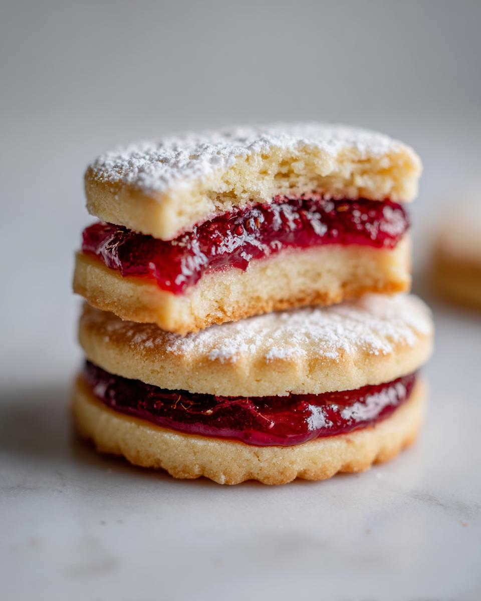 Two stacked linzer cookies filled with bright red jam, dusted with powdered sugar; the top cookie has a bite taken out.