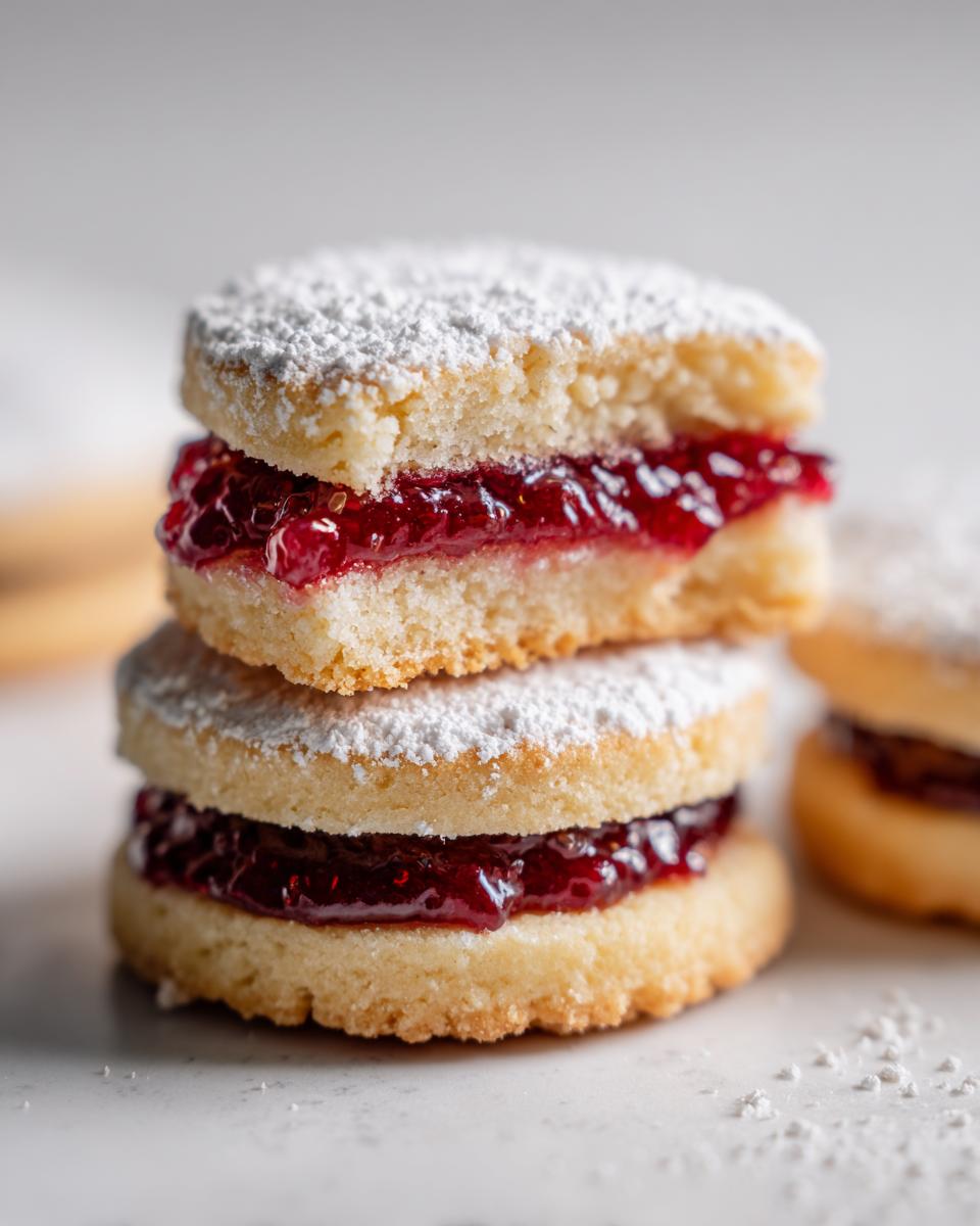 Close-up of two stacked linzer cookies filled with bright red raspberry jam and dusted with powdered sugar.