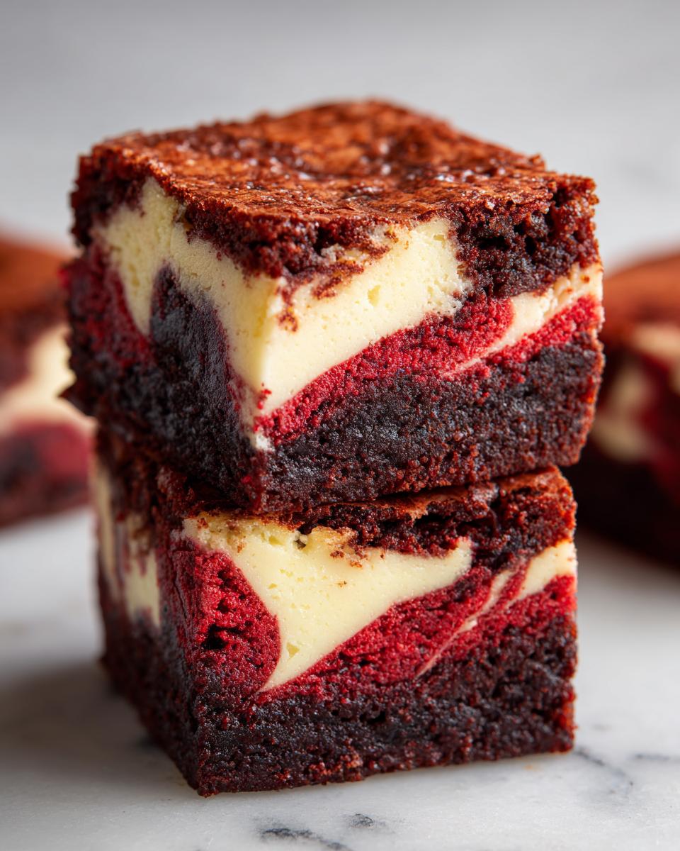 Two stacked squares of rich red velvet cheesecake brownies showing swirled red cake and creamy white cheesecake layers.