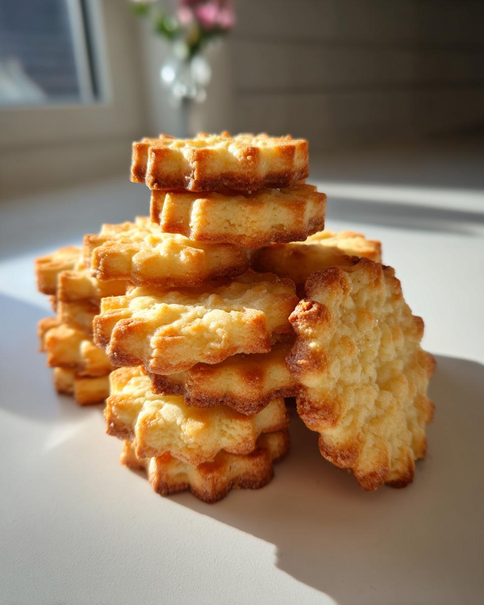 A stack of golden, star-shaped butter cookie treats piled high on a white surface, catching bright sunlight.