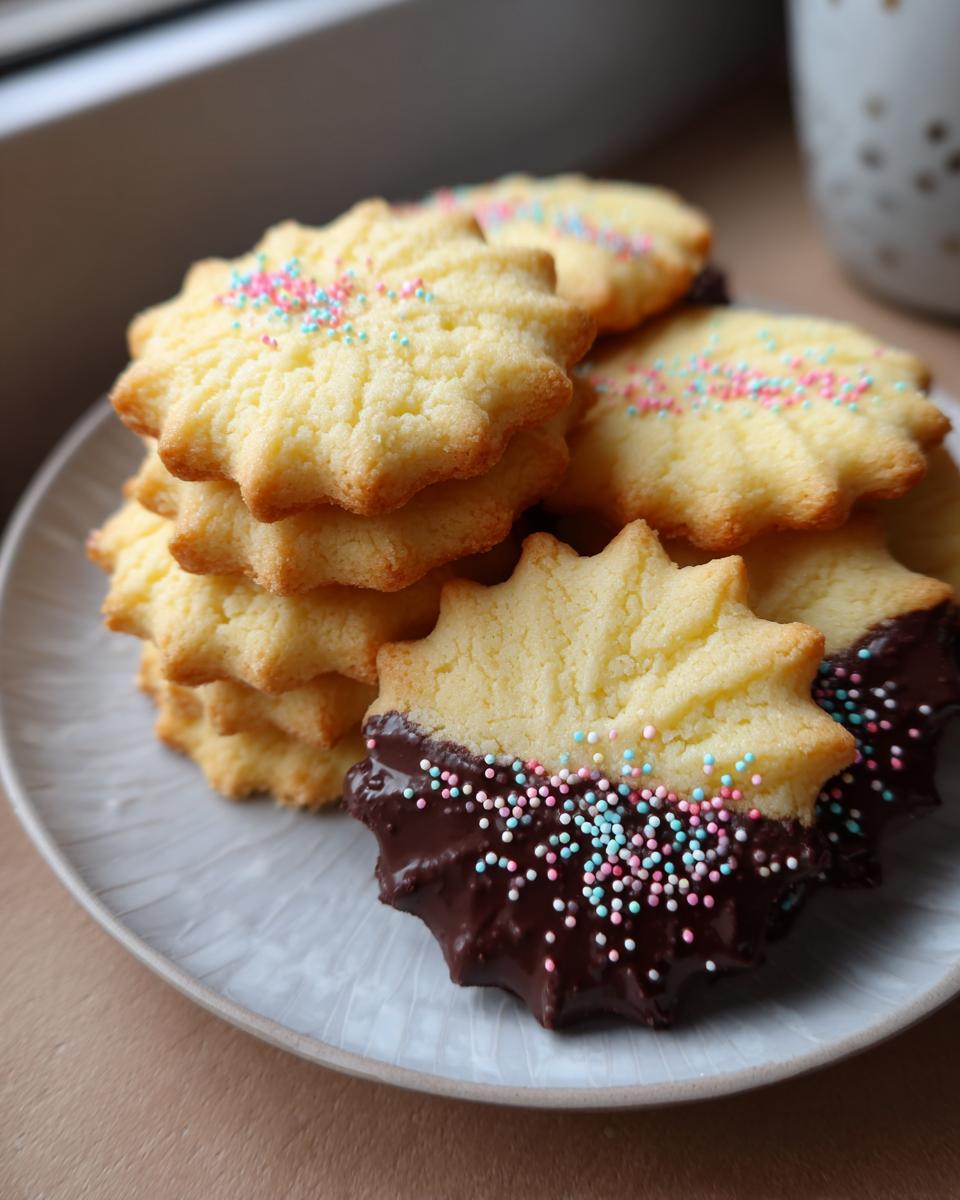 A stack of star-shaped butter cookies, some dipped in dark chocolate and topped with pastel sprinkles.