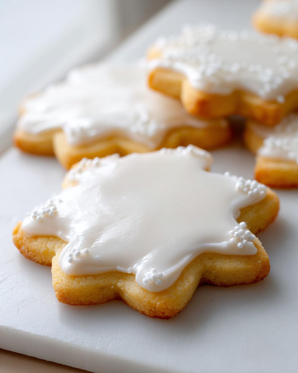 Close-up of a star-shaped sugar cookie topped with thick, glossy white sugar cookie icing recipe and white nonpareils.
