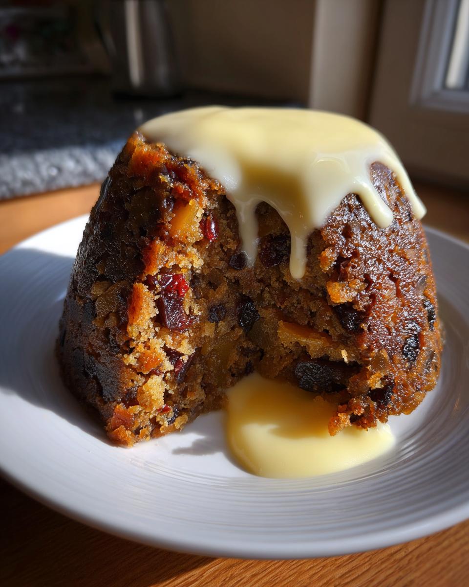 A slice of rich, dark plum pudding topped with dripping vanilla custard on a white plate.