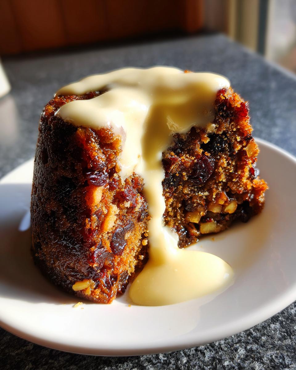 A rich, dark slice of plum pudding topped with thick, flowing vanilla custard on a white plate.