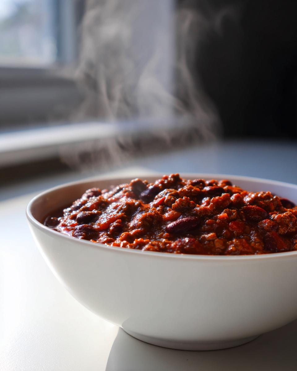 Close-up of a steaming white bowl filled with rich, thick best chili recipe featuring ground meat and kidney beans.