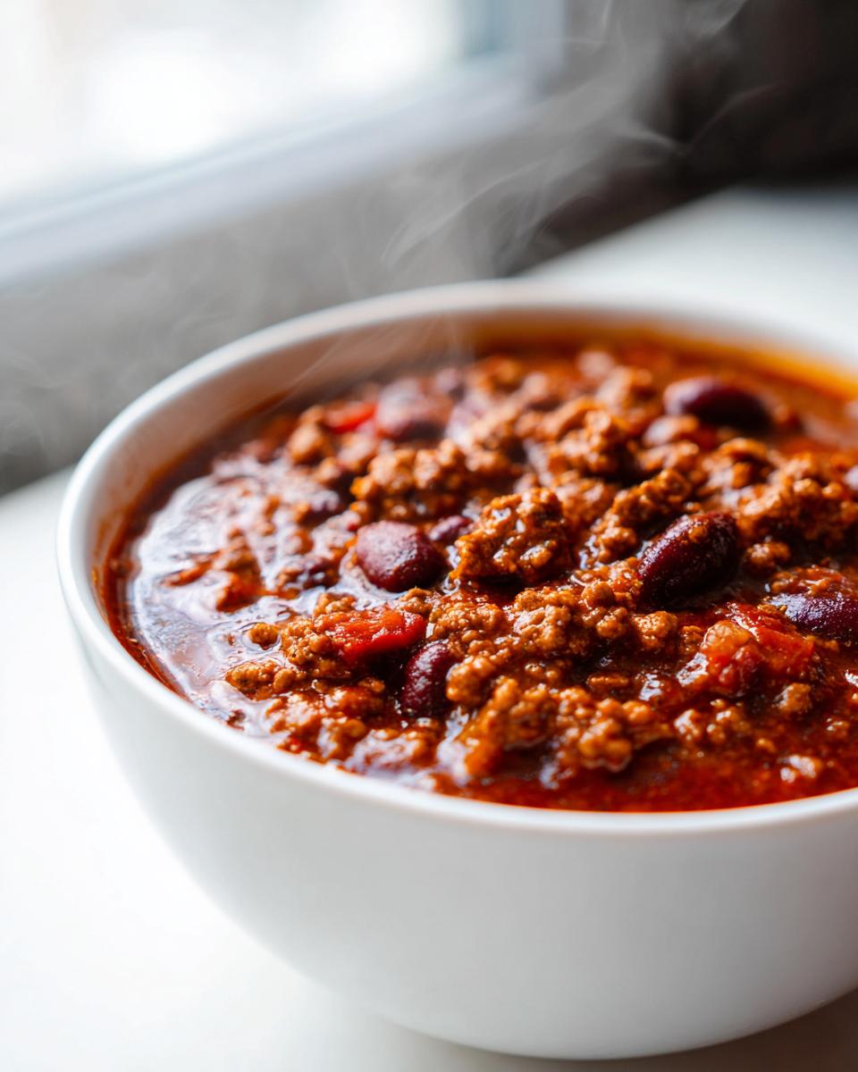 Close-up of a steaming white bowl filled with rich, hearty best chili recipe featuring ground meat and kidney beans.