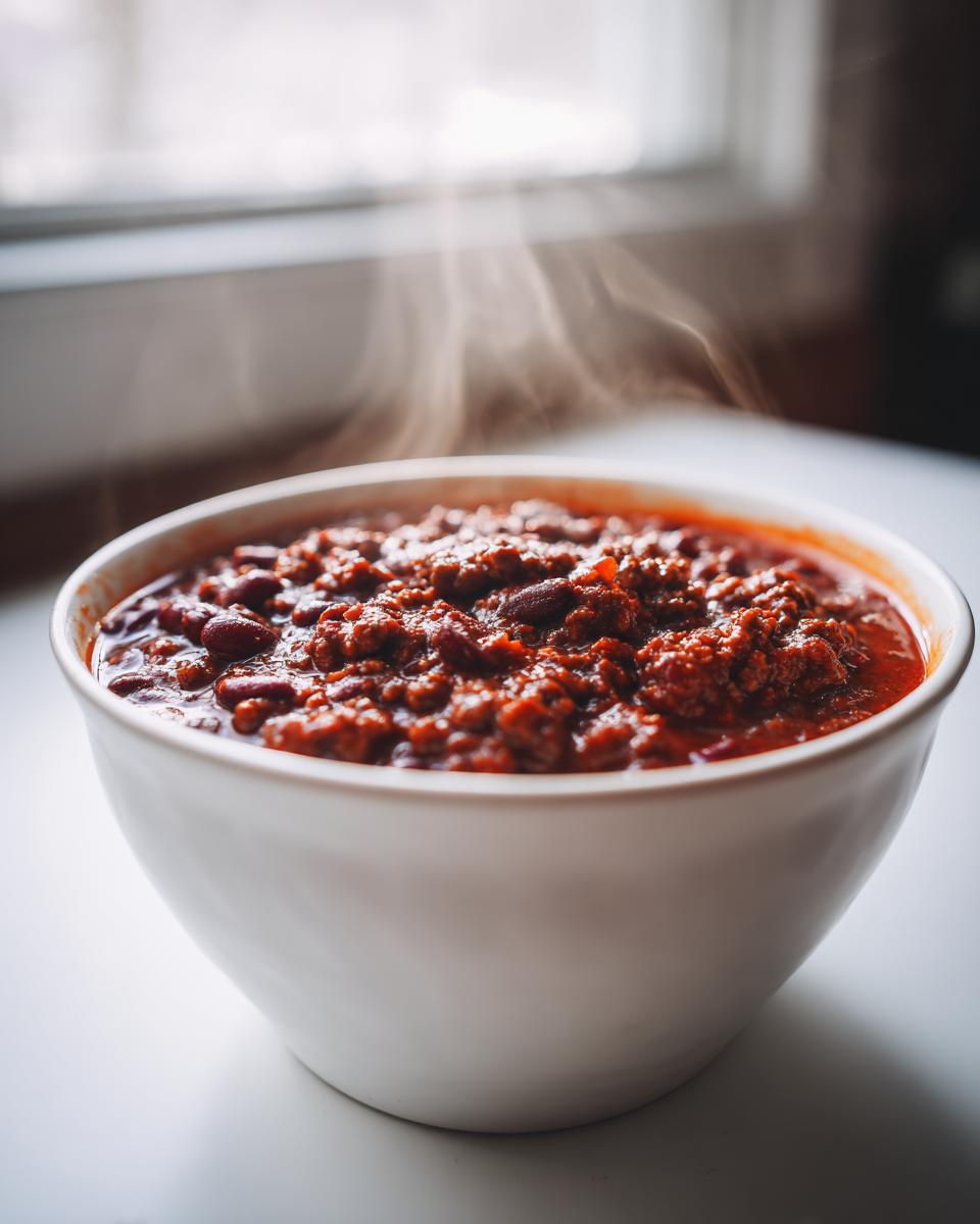 Close-up of a steaming white bowl filled with rich, dark red chili featuring ground meat and kidney beans, showcasing the best chili recipe.