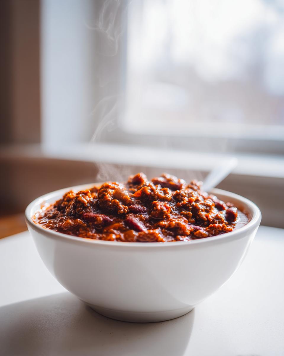 A steaming white bowl filled with rich, hearty chili, showcasing ground meat and kidney beans, illustrating the best chili recipe.