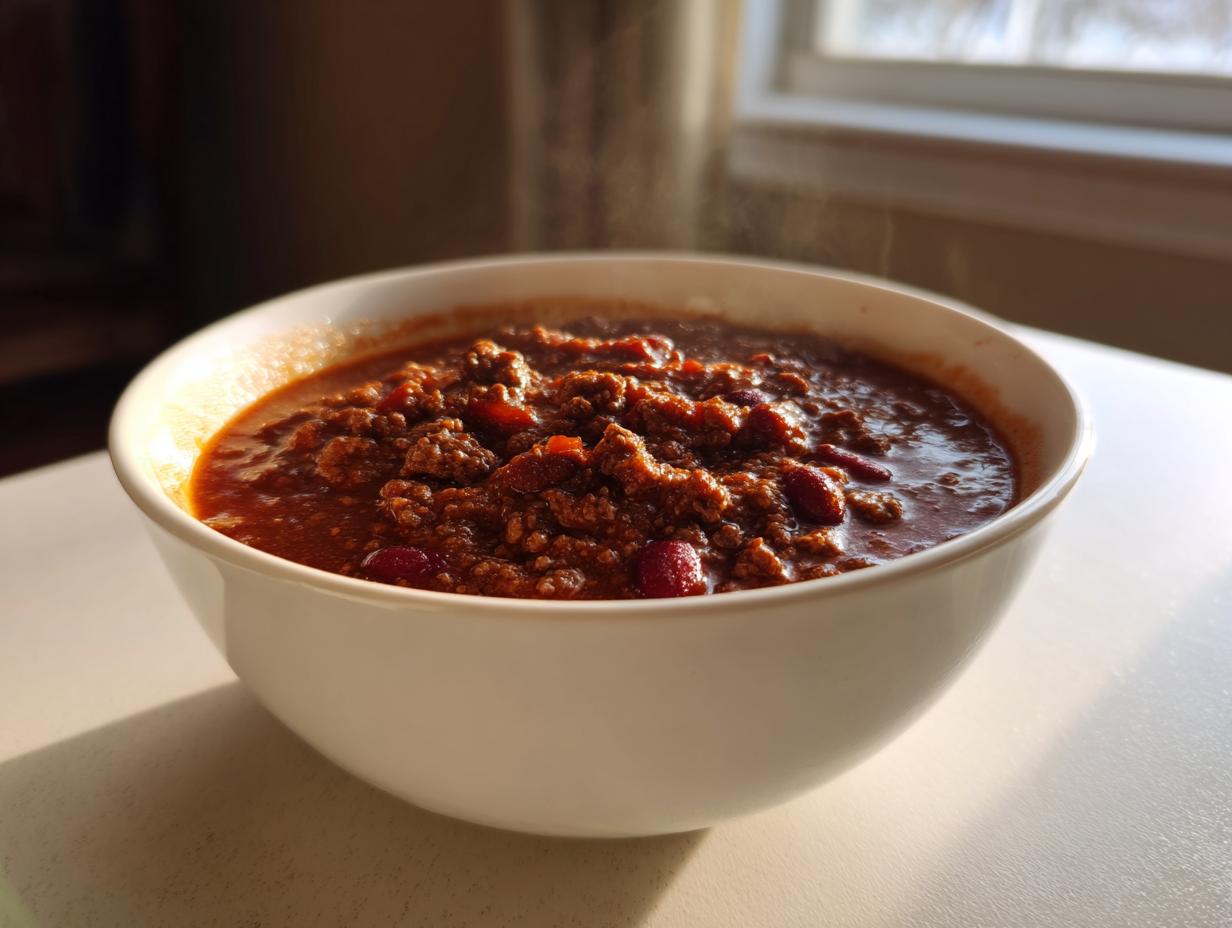 Close-up of a steaming white bowl filled with rich, hearty best chili recipe featuring ground meat and kidney beans.
