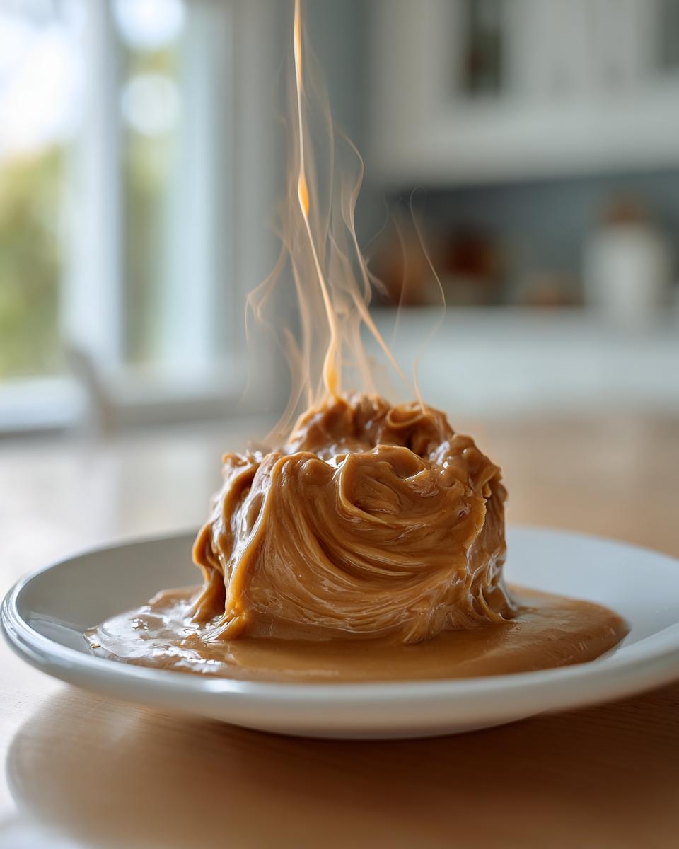 A mound of thick, steaming brown sauce, resembling a roux base or rich gravy, on a white plate.