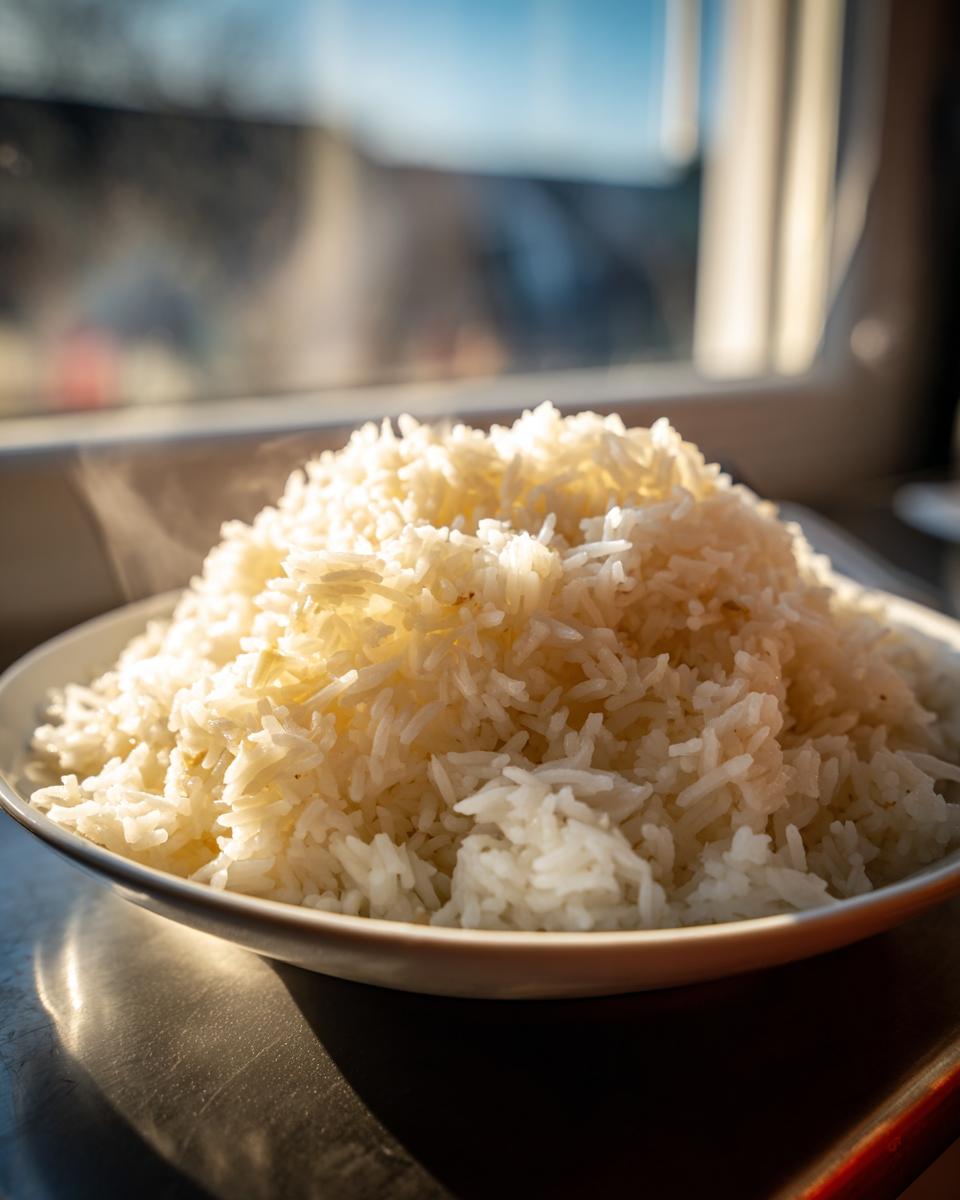 A mound of fluffy, steaming white butter rice served in a shallow white bowl, backlit by sunlight.