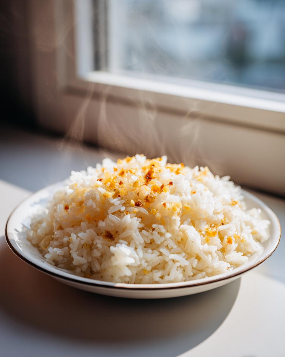 A close-up of steaming hot butter rice topped with golden brown garlic bits, sitting near a bright window.