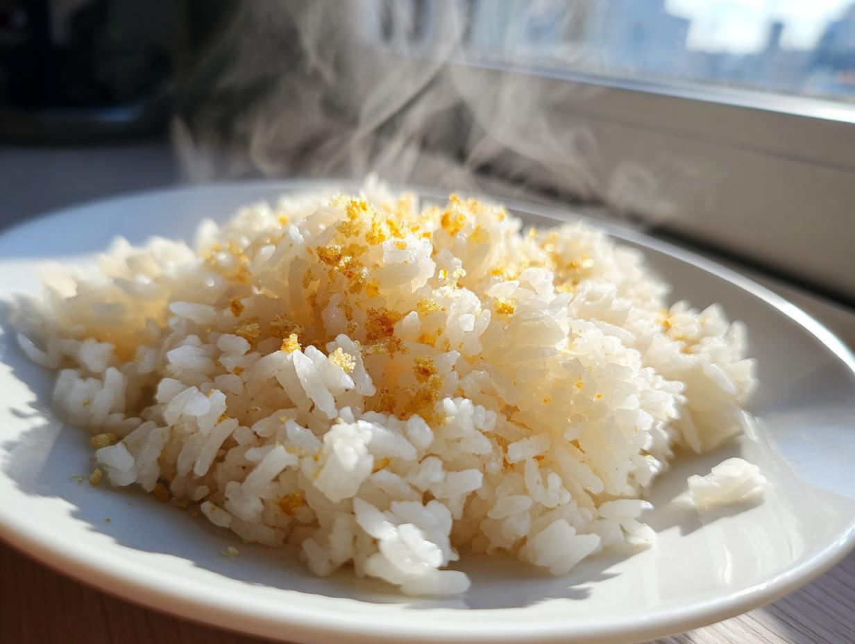 Close-up of steaming hot butter rice topped with golden, savory crumbs on a white plate.