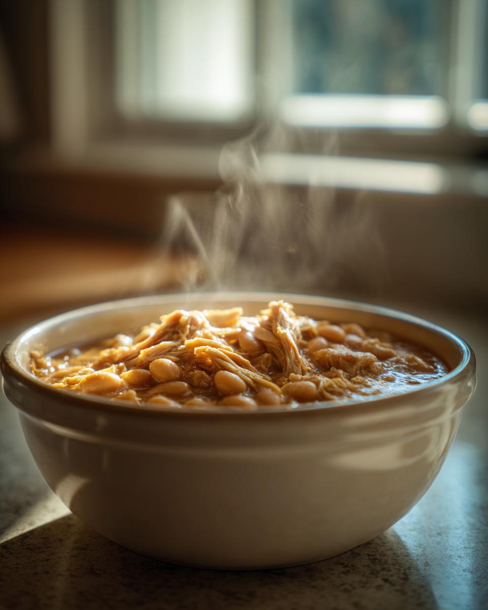 A steaming bowl of creamy white chicken chili filled with beans and shredded chicken, highlighted by natural light.