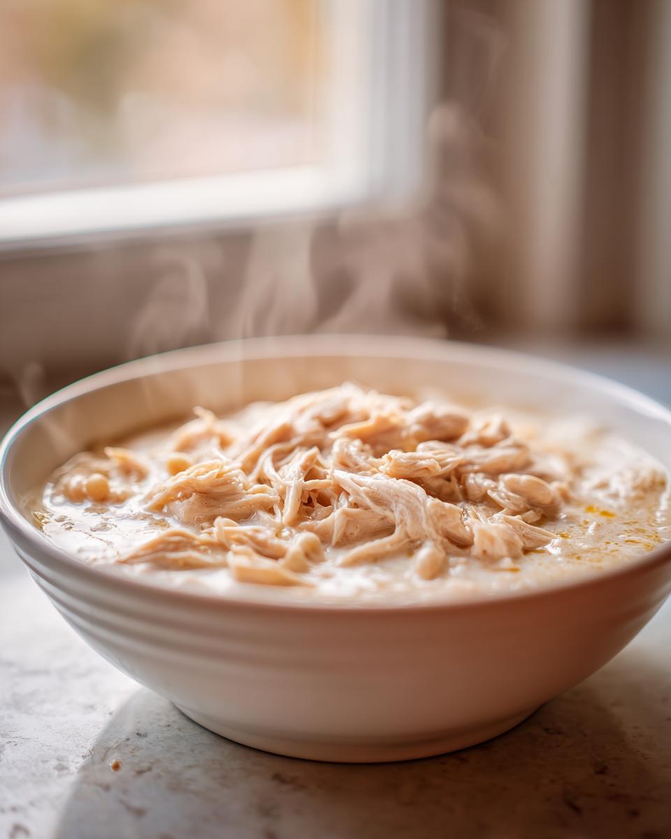 Close-up of a steaming white bowl filled with shredded chicken in creamy white chicken chili.