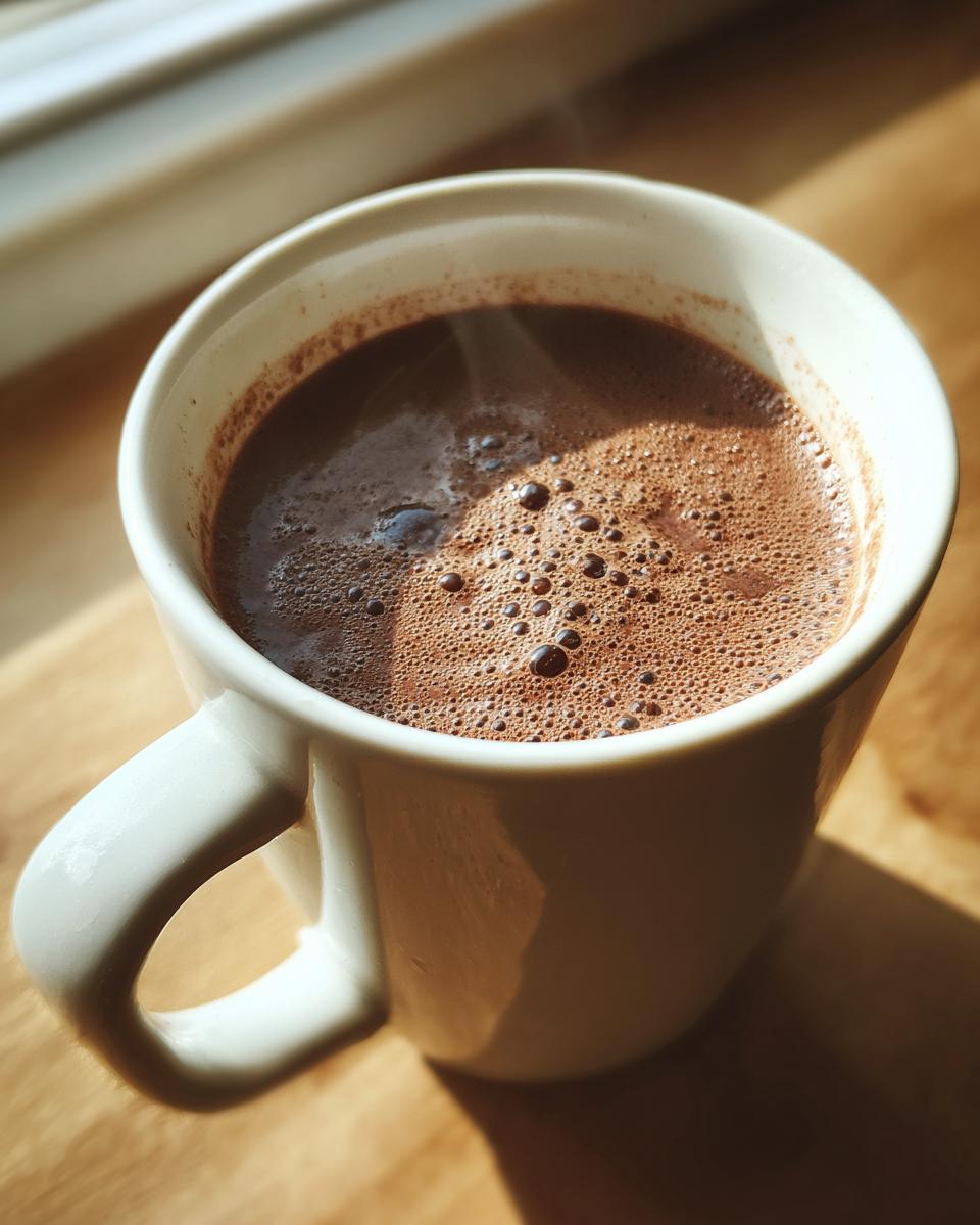 Close-up of rich, steaming french hot chocolate with foam bubbles in a white mug.