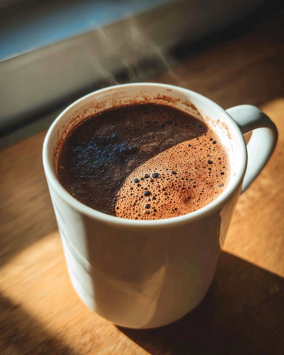 Close-up of a steaming white mug filled with rich, dark french hot chocolate on a wooden surface.