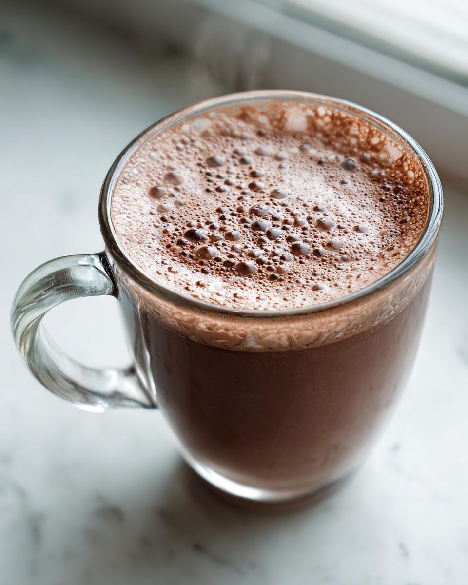 Close-up of a clear glass mug filled with freshly made hot cocoa mix, showing rich brown color and foamy top.