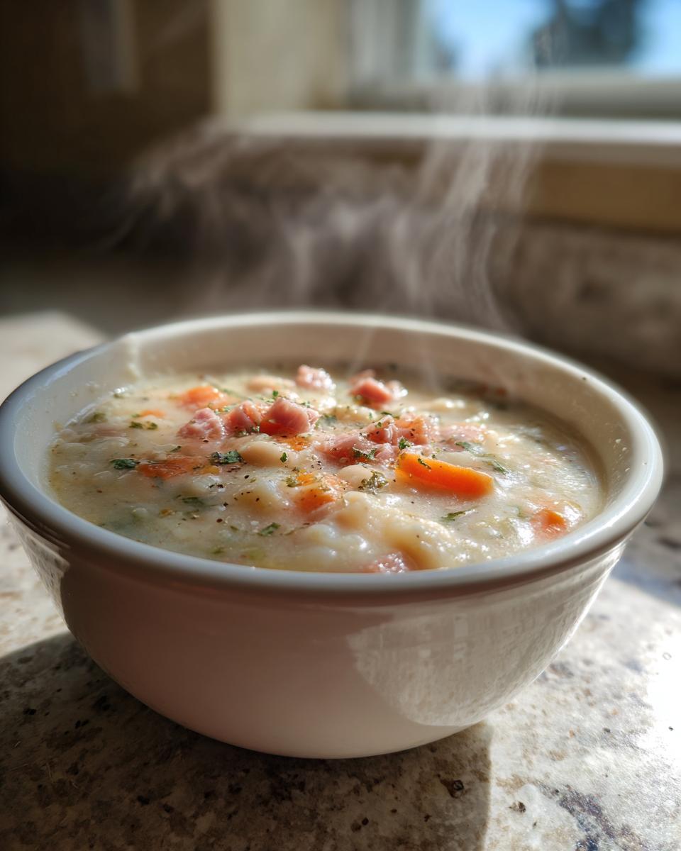 A steaming white bowl filled with creamy navy bean soup, topped with diced ham, carrots, and herbs.