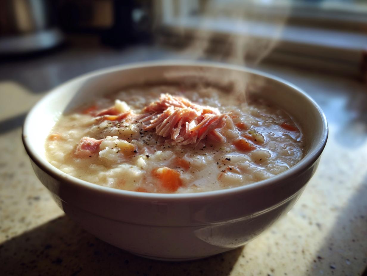 A steaming white bowl of creamy navy bean soup with visible carrots, beans, and shredded ham on top, seasoned with pepper.