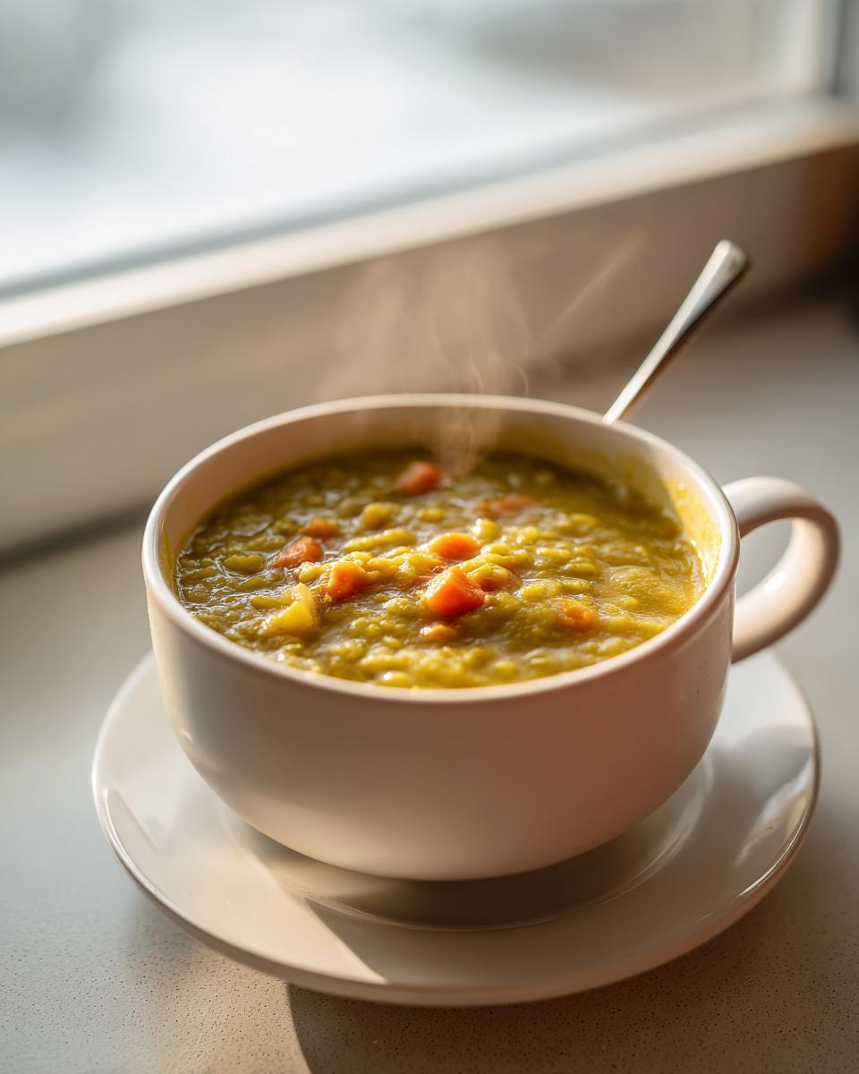 A steaming white mug filled with thick, hearty pea soup containing visible chunks of carrot, set by a window.