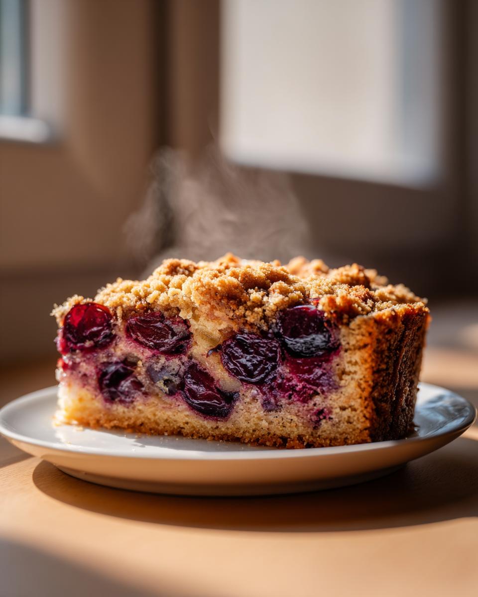 A warm, steaming slice of plum cake featuring a rich, dark fruit filling and a golden crumble topping, served on a white plate.
