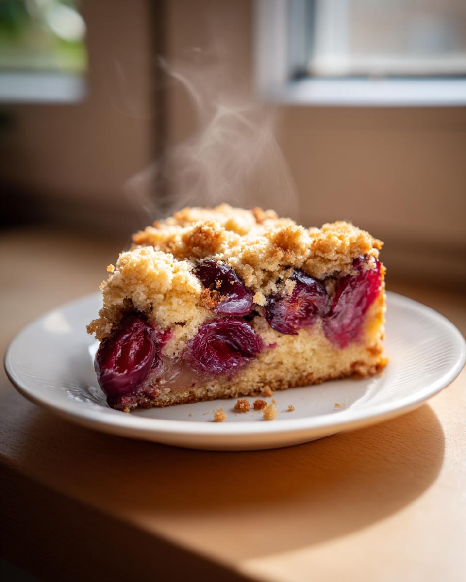 A warm slice of plum cake with a crumbly topping and visible baked plums, showing steam rising, served on a white plate.