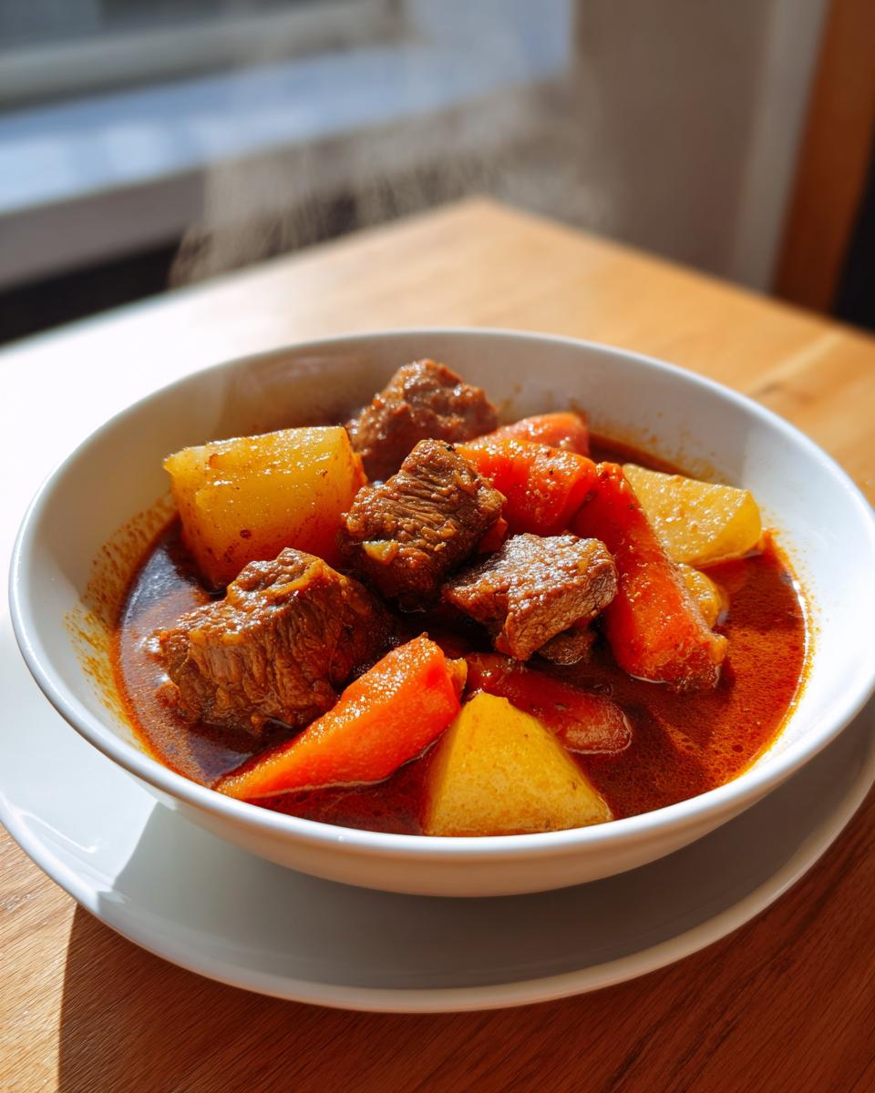 A close-up of a steaming white bowl filled with rich, red-sauced pork stew, chunks of meat, carrots, and potatoes.