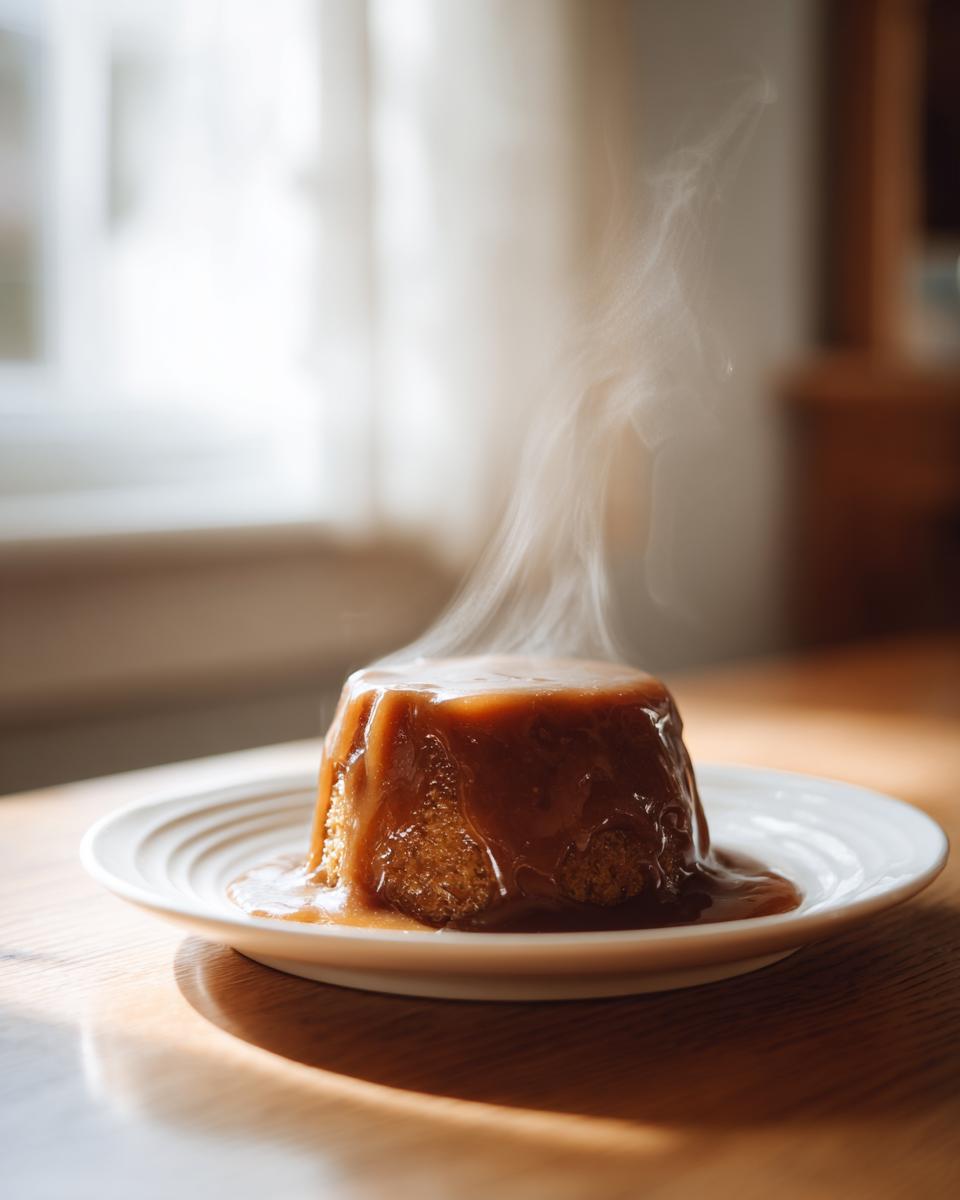 A steaming hot dessert, possibly a pudding, covered in a thick, rich brown sauce, sitting on a white plate.