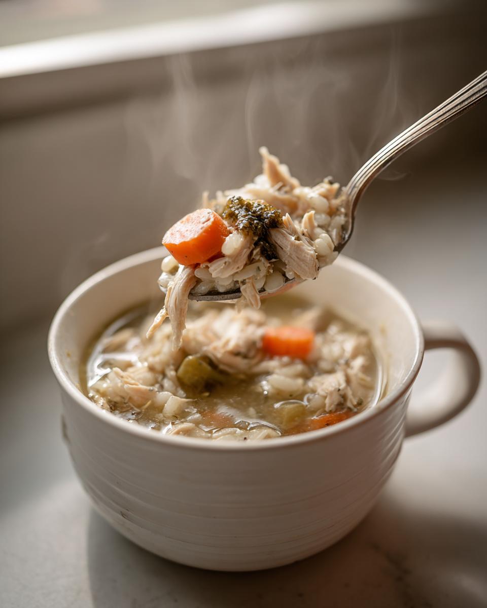 A spoonful of hot, steaming turkey soup with shredded meat, barley, and carrots being lifted from a white mug.