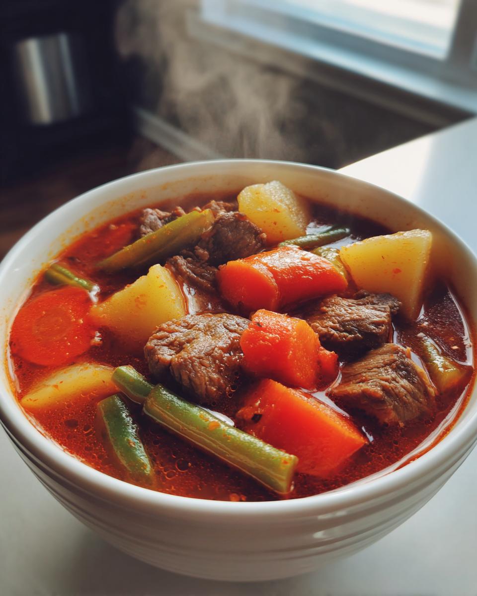 Close-up of a steaming white bowl filled with rich vegetable beef soup featuring chunks of beef, carrots, potatoes, and green beans.