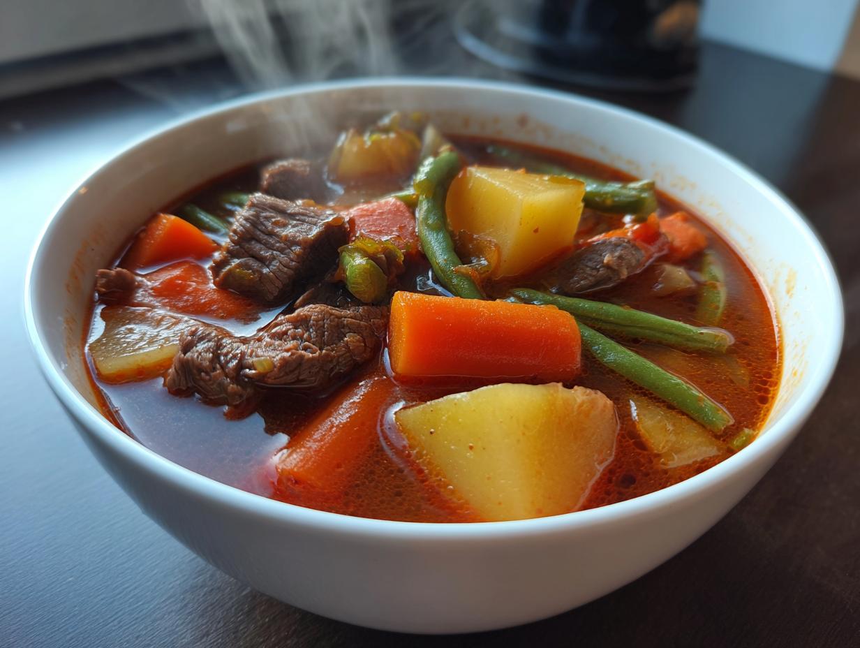 Close-up of a steaming white bowl filled with rich, red broth vegetable beef soup, featuring chunks of beef, potatoes, carrots, and green beans.