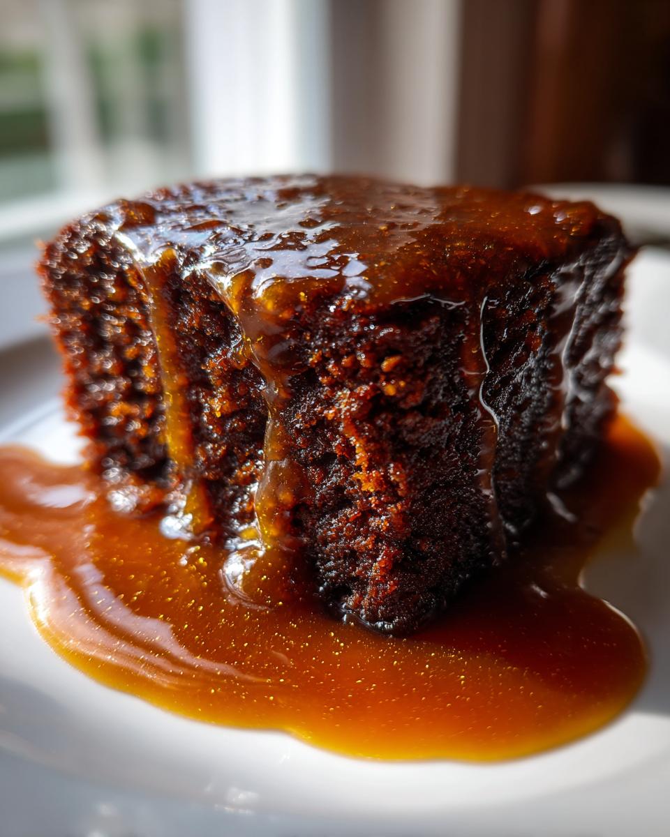 Close-up of a single, dark, moist square of sticky toffee pudding generously covered in rich toffee sauce.