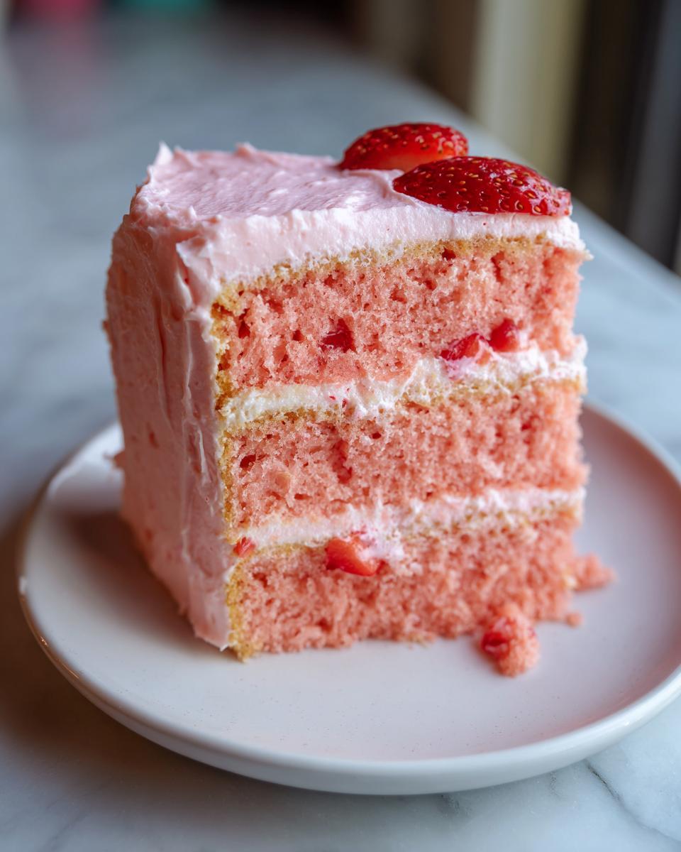 Close-up of a moist slice of pink strawberry cake with white filling and strawberry frosting, topped with fresh strawberries.