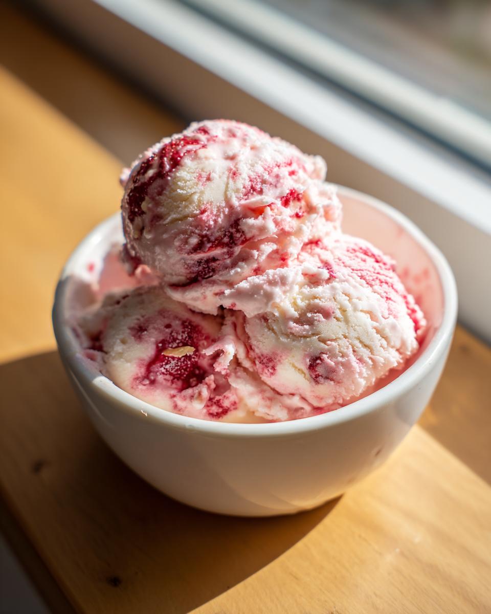 Three scoops of creamy, swirled strawberry ice cream in a white bowl, bathed in sunlight.