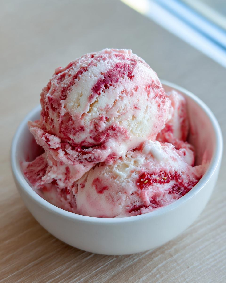 Close-up of two scoops of creamy strawberry ice cream with visible red swirls in a white bowl.
