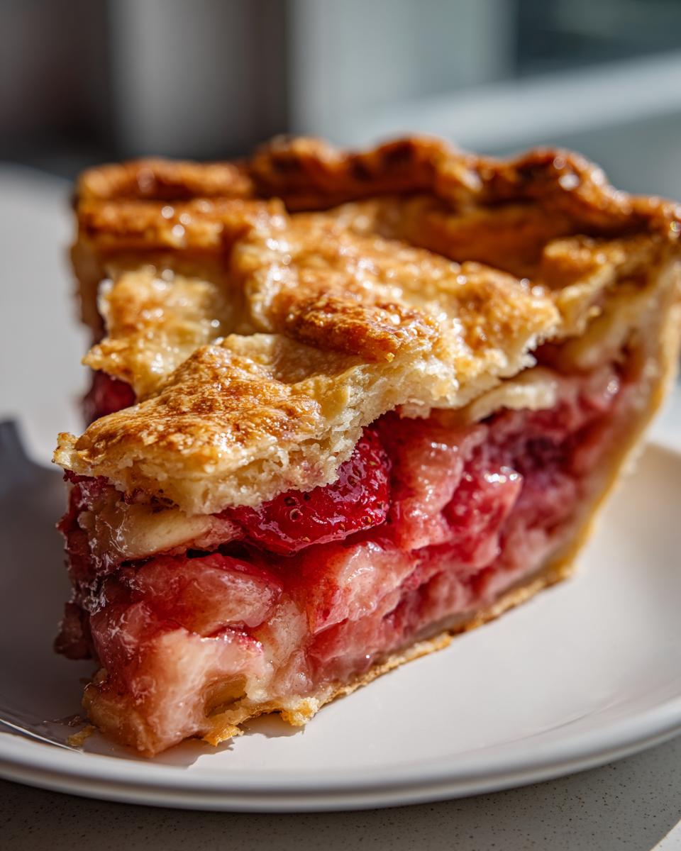Close-up of a thick slice of strawberry rhubarb pie showing juicy filling and golden, flaky top crust.