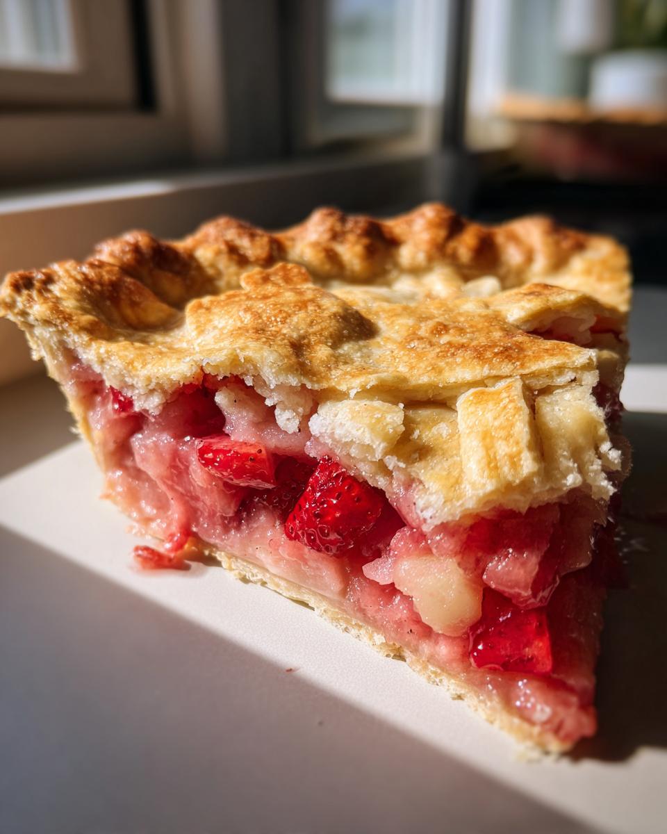 Close-up of a slice of strawberry rhubarb pie showing the flaky crust and juicy red filling.