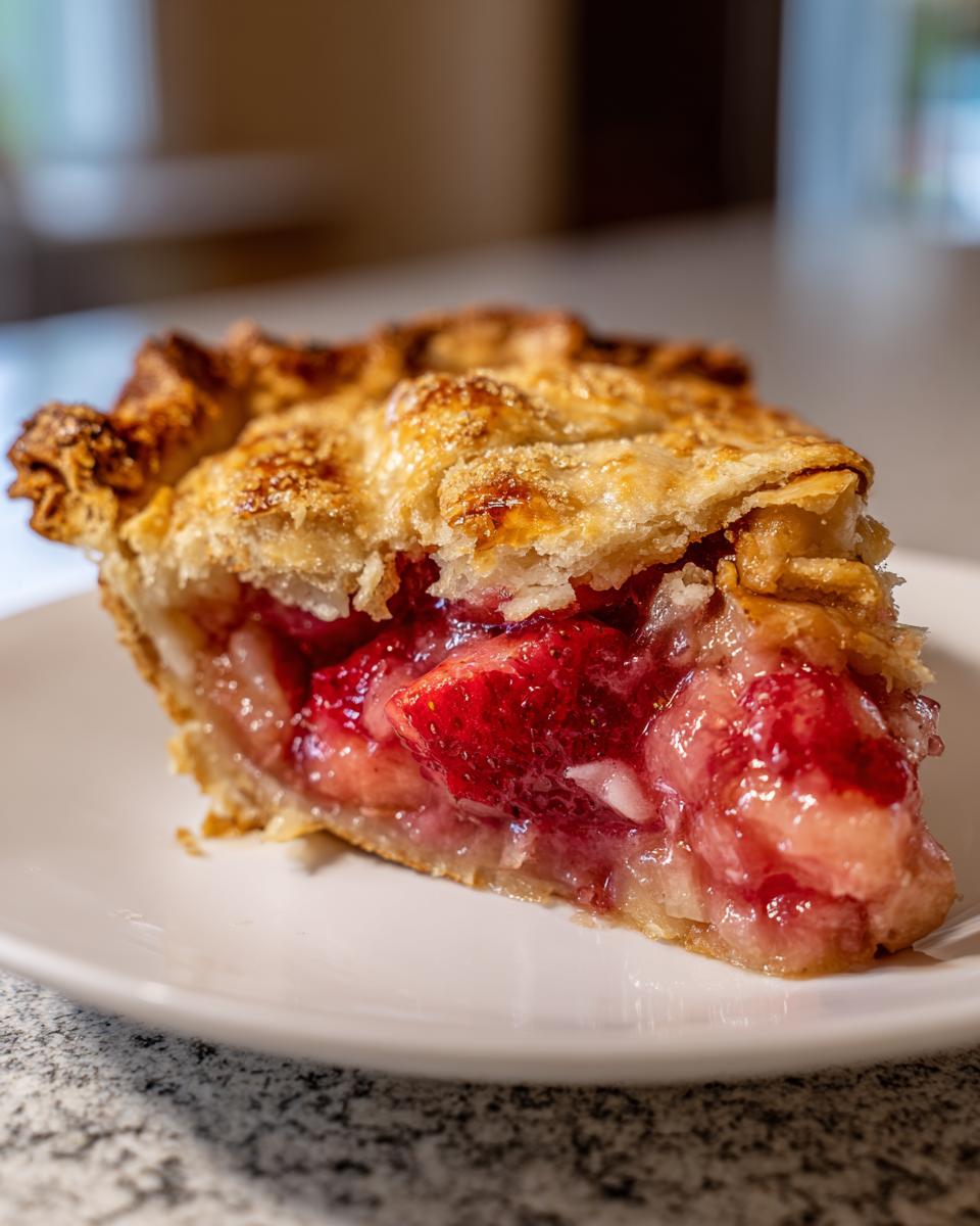 A close-up of a thick slice of strawberry rhubarb pie showing juicy red filling and a flaky, sugared crust.