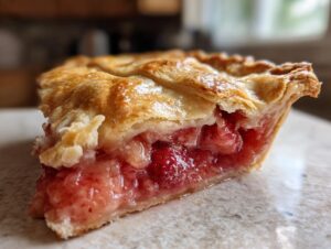 Close-up of a thick slice of strawberry rhubarb pie showing juicy filling and flaky, golden lattice crust.