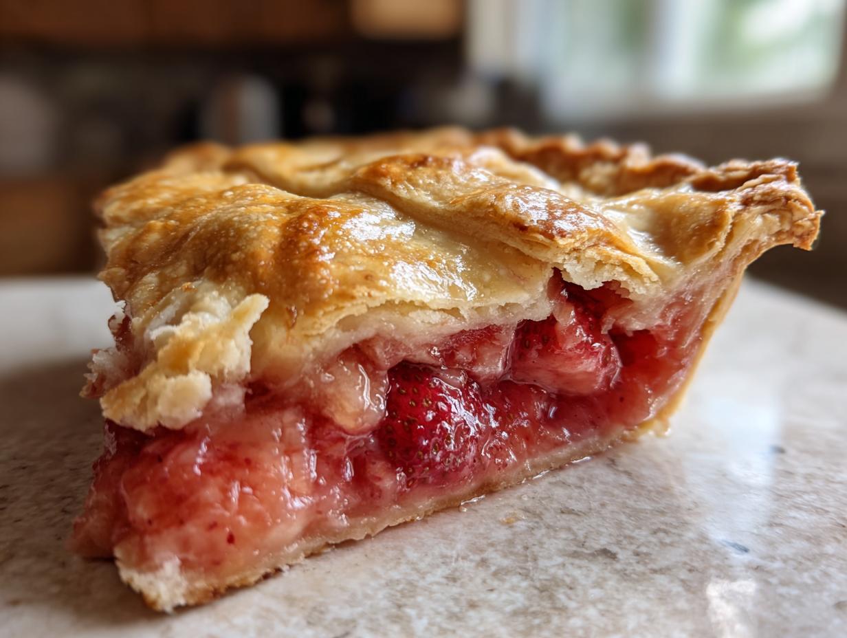 Close-up of a thick slice of strawberry rhubarb pie showing juicy filling and flaky, golden lattice crust.