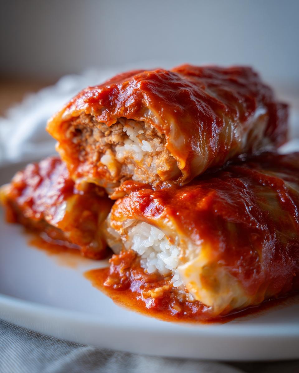 Close-up of two Stuffed Cabbage Rolls cut open, revealing the rice and meat filling, covered in rich tomato sauce.