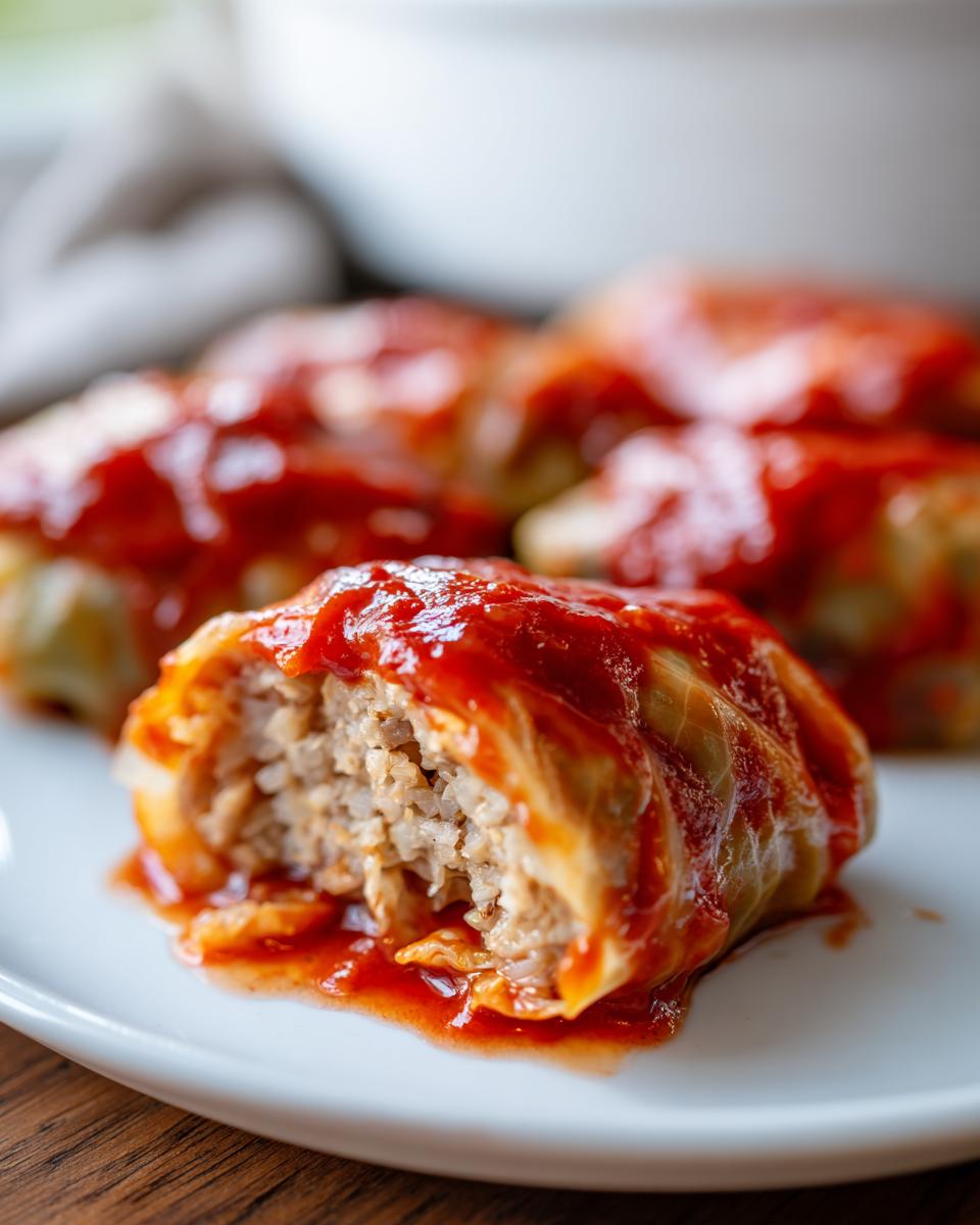 Close-up of a Stuffed Cabbage Roll cut open showing the rice and meat filling, covered in bright red tomato sauce.